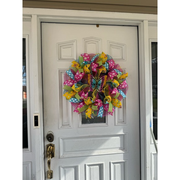 Butterfly Deco Mesh Ribbon Spring Summer Wreath Front Door Hanger Home Decor - Picture 7 of 7